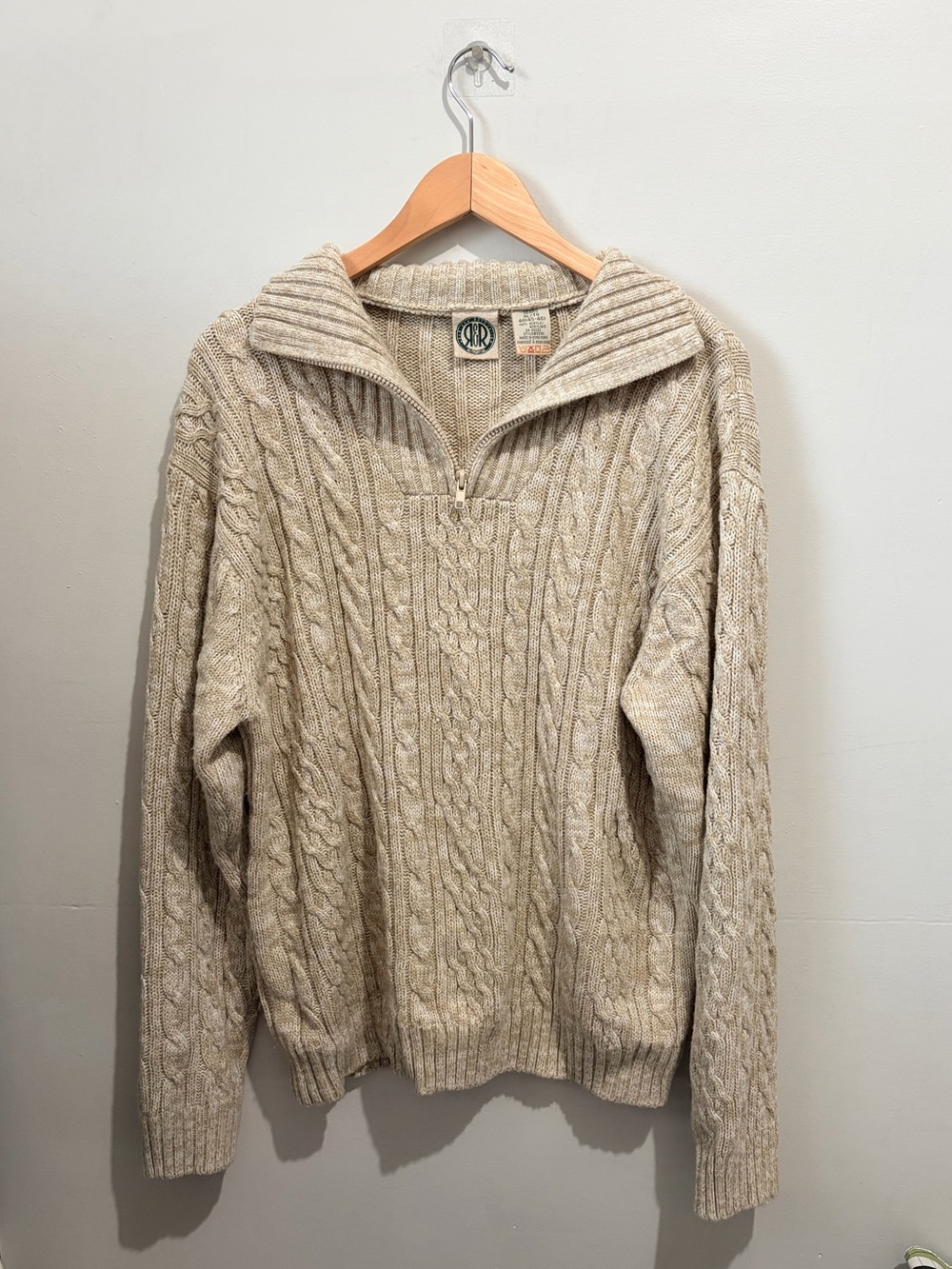 Vintage Sears R&R Cable Knit Quarter Zip Sweater Beige Oatmeal Mens XL